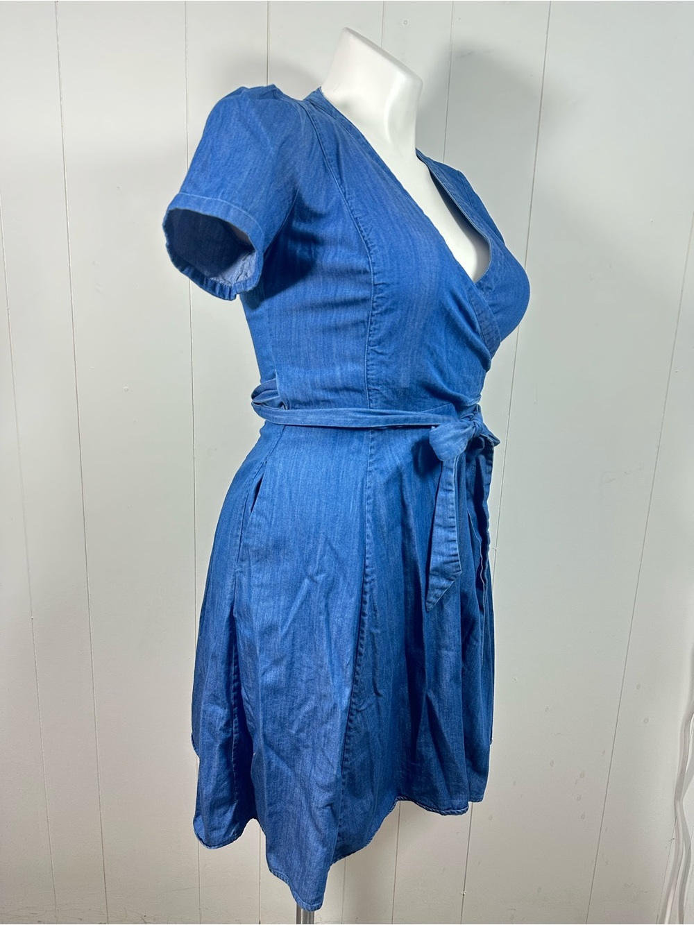 Boden Sz 8R Denim Fit & Flare Faux Wrap Cotton Dress Women’s Blue Short Sleeve - Picture 5 of 15